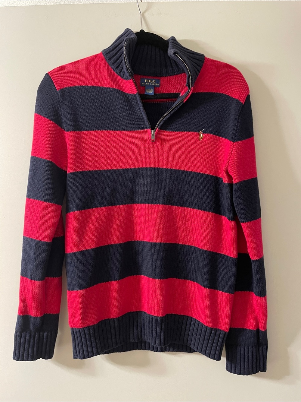 Polo by Ralph Lauren Red & Navy Striped Half-Zip Sweater Size L